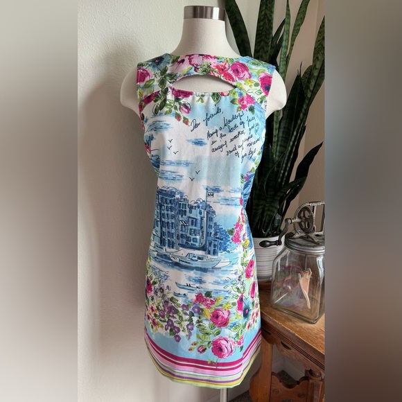 Gabby Skye Floral Postcard Dress – Size L – Coastal Print Travel Style - Picture 1 of 9